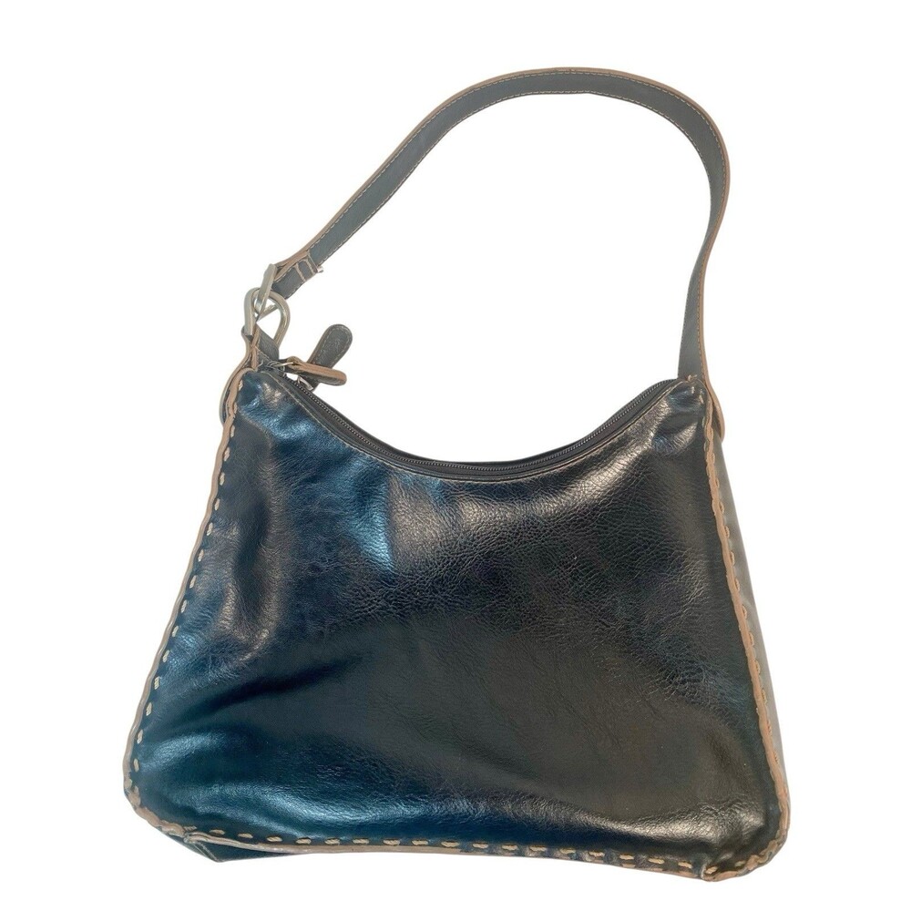 Womens Black Brown Whipstitch Handbag Purse Shoulder Bag Dbl Zip Soft